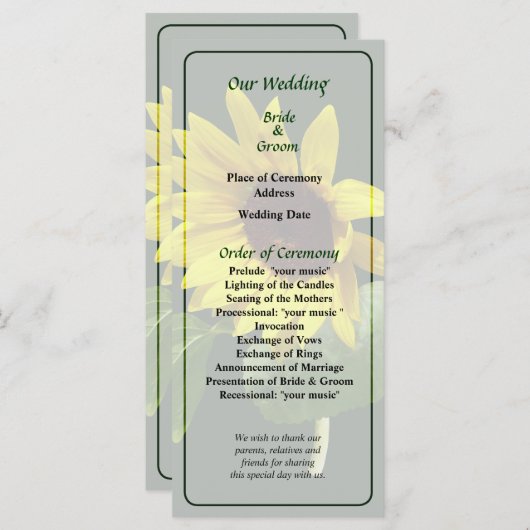 Zonnebloem die naar beneden kijkt Weddenschap Programmakaart (Voorkant / Achterkant)