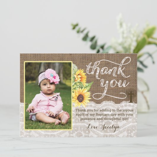 Zonnebloem Doop Dank u Kaart voor Meisje (Staand voorkant)
