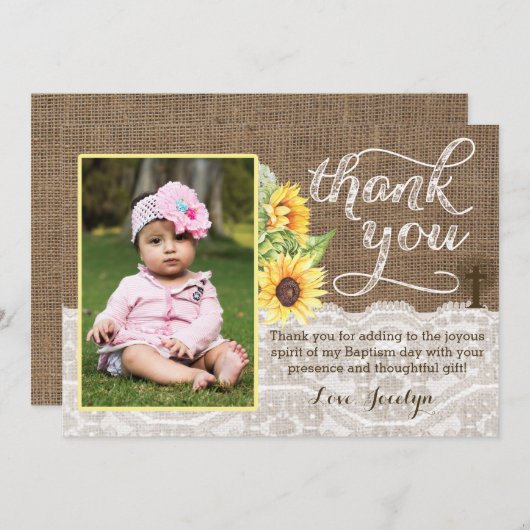 Zonnebloem Doop Dank u Kaart voor Meisje (Voorkant / Achterkant)