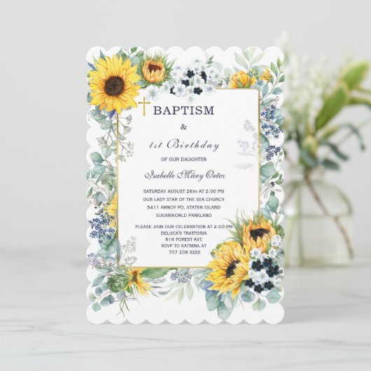 Zonnebloem doop en eerste verjaardag kaart (Staand voorkant)