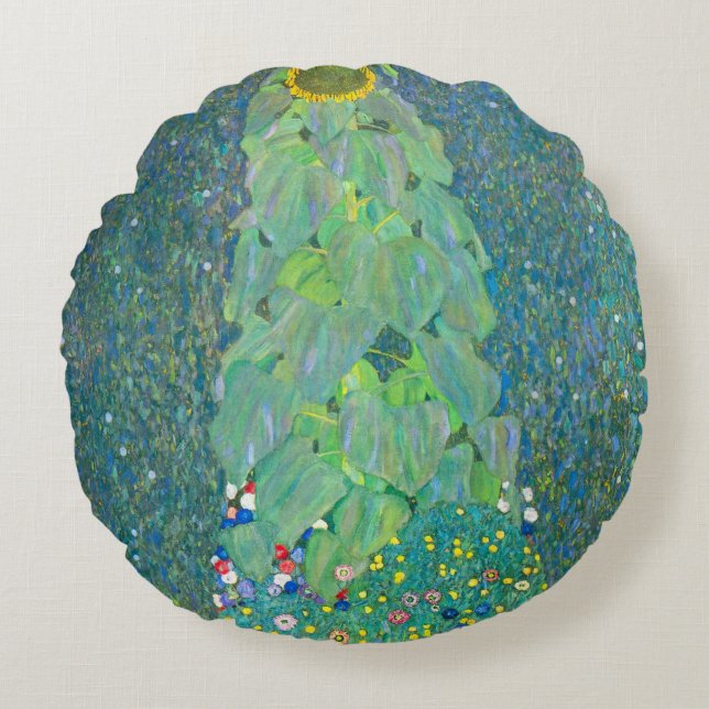 Zonnebloem door Klimt,  bloemen Art Nouveau Rond Kussen (Voorkant)
