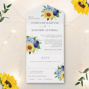 Zonnebloem Dusty Blue Floral Botanical Wedding All In One Uitnodiging