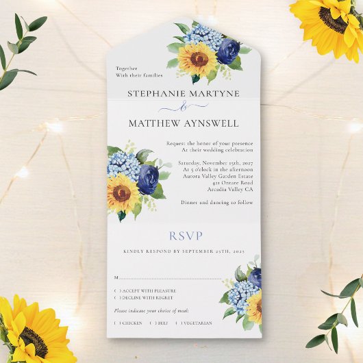 Zonnebloem Dusty Blue Floral Botanical Wedding All In One Uitnodiging