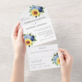 Zonnebloem Dusty Blue Floral Botanical Wedding All In One Uitnodiging (Afscheurbaar)