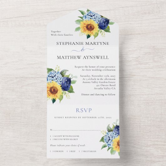 Zonnebloem Dusty Blue Floral Botanical Wedding All In One Uitnodiging (Binnen)