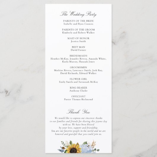 Zonnebloem Dusty Blue Floral Elegant Script Wedden Programmakaart (Achterkant)