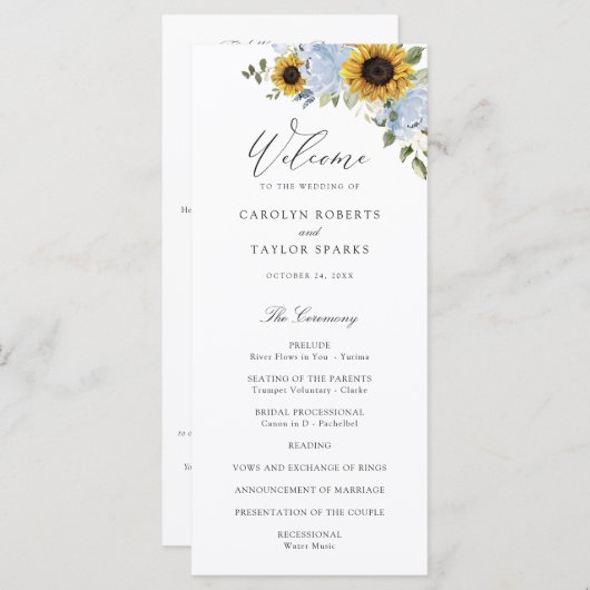 Zonnebloem Dusty Blue Floral Elegant Script Wedden Programmakaart (Voorkant / Achterkant)