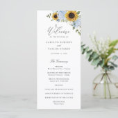 Zonnebloem Dusty Blue Floral Elegant Script Wedden Programmakaart (Staand voorkant)