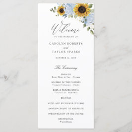 Zonnebloem Dusty Blue Floral Elegant Script Wedden Programmakaart