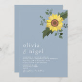 Zonnebloem Dusty Blue Moderne bruiloft uitnodiging (Voorkant / Achterkant)