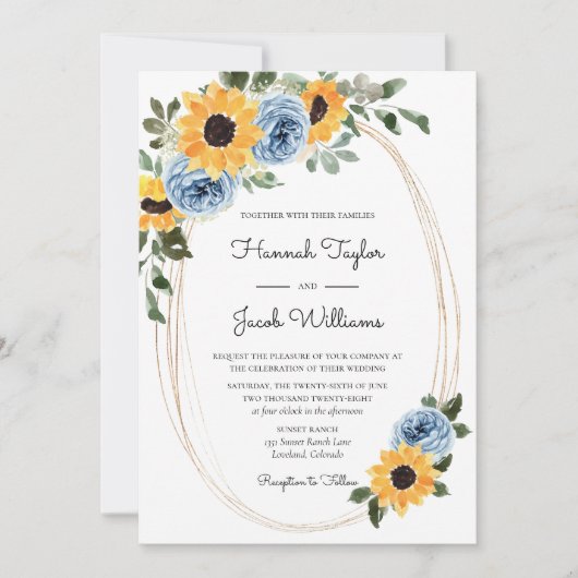Zonnebloem Dusty Blue Rustic QR Code Wedding Kaart (Voorkant)