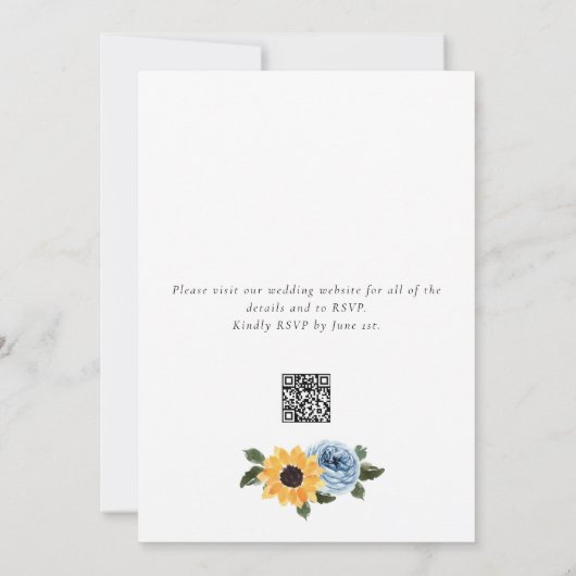 Zonnebloem Dusty Blue Rustic QR Code Wedding Kaart (Achterkant)