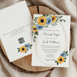 Zonnebloem Dusty Blue Rustic QR Code Wedding Kaart
