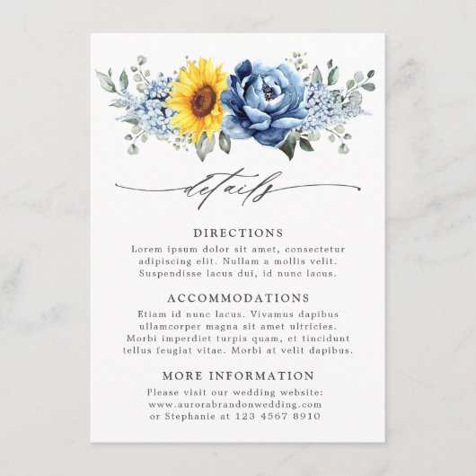 Zonnebloem Dusty Blue Slate Floral Wedding Details Informatiekaartje (Voorkant)
