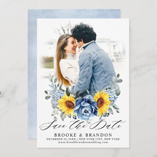 Zonnebloem Dusty Blue Slate Peony Bloemen Foto Save The Date (Voorkant / Achterkant)