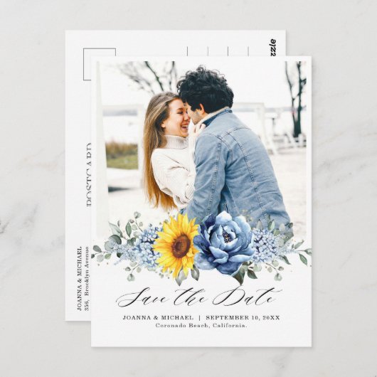Zonnebloem Dusty Blue Slate Peony Save the Date Briefkaart (Voorkant / Achterkant)