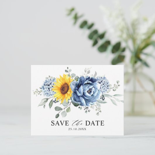 Zonnebloem Dusty Blue Slate Peony Save the Date Briefkaart (Staand voorkant)