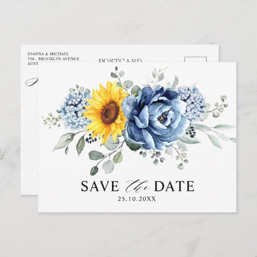 Zonnebloem Dusty Blue Slate Peony Save the Date Briefkaart (Voorkant / Achterkant)