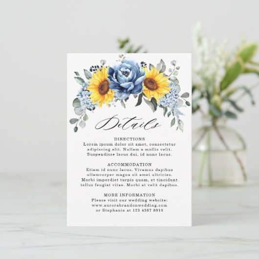 Zonnebloem Dusty Blue Slate Peony Wedding Details Informatiekaartje (Staand voorkant)