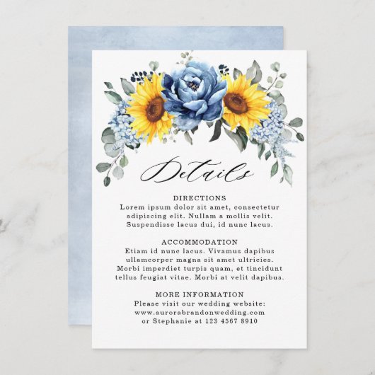 Zonnebloem Dusty Blue Slate Peony Wedding Details Informatiekaartje (Voorkant / Achterkant)