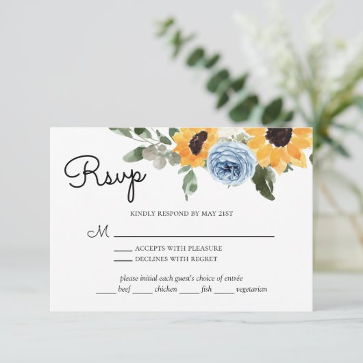 Zonnebloem Dusty Blue Weddenschap met maaltijdkeuz RSVP Kaartje (Staand voorkant)