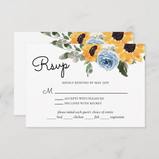 Zonnebloem Dusty Blue Weddenschap met maaltijdkeuz RSVP Kaartje (Voorkant / Achterkant)