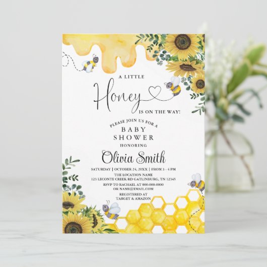 Zonnebloem een Little Honey Bee Baby shower Kaart (Staand voorkant)