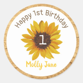 Zonnebloem Eerste Verjaardag Rustieke Houten Ronde Sticker