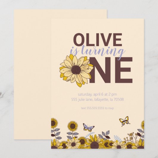 Zonnebloem Eerste Verjaardagsfeest Uitnodiging (Voorkant / Achterkant)