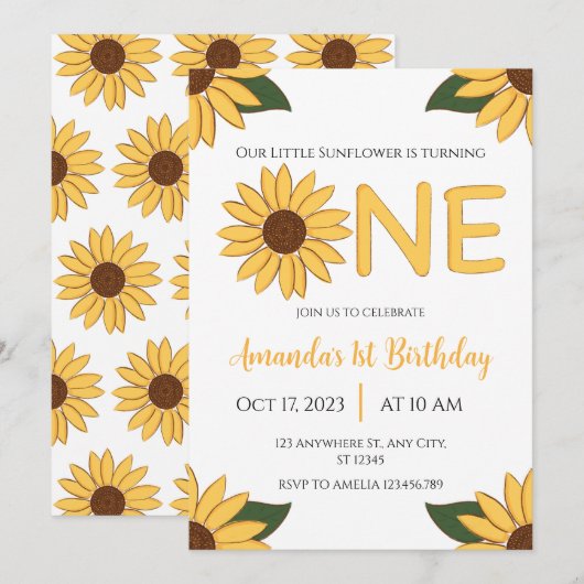 Zonnebloem Eerste Verjaardagsuitnodiging Kaart (Voorkant / Achterkant)