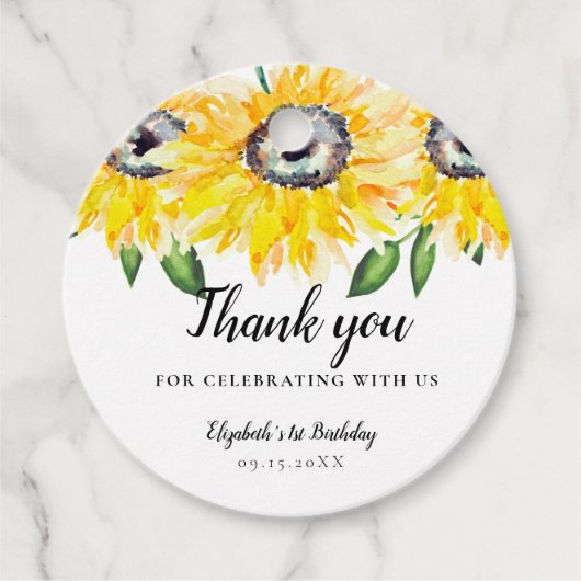 Zonnebloem Eerste Waterverf Floral 1st Bedankjes Labels (Voorkant)
