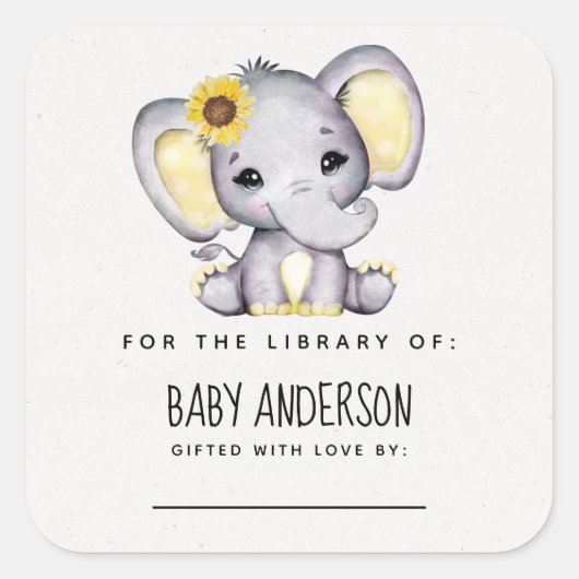 Zonnebloem Elefant Baby shower Bladplaat Vierkante Sticker (Voorkant)