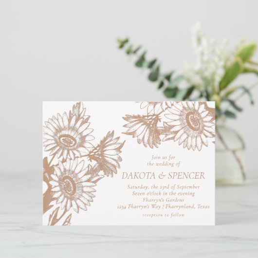 Zonnebloem Elegance | Minimale Roos Gold Wedding Kaart (Staand voorkant)