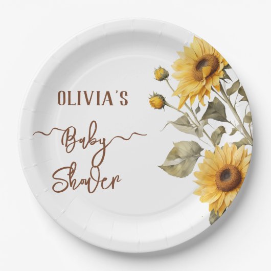Zonnebloem Elegant Boho Floral Baby shower Papieren Bordje (Voorkant)