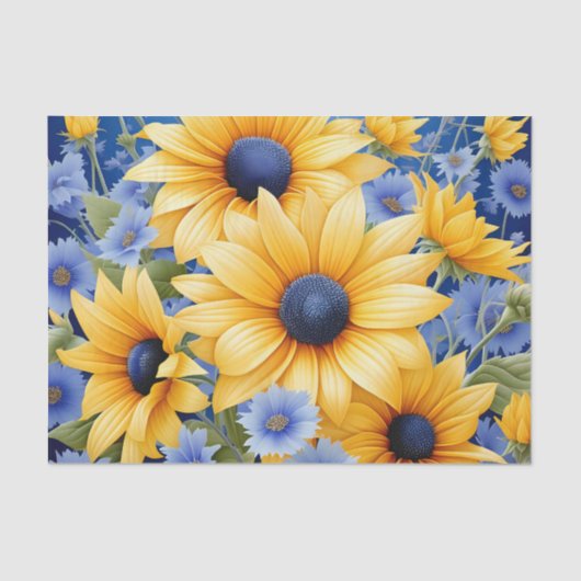 Zonnebloem Elegant met zachte blauwe wilde bloemen Tissuepapier (Voorkant)