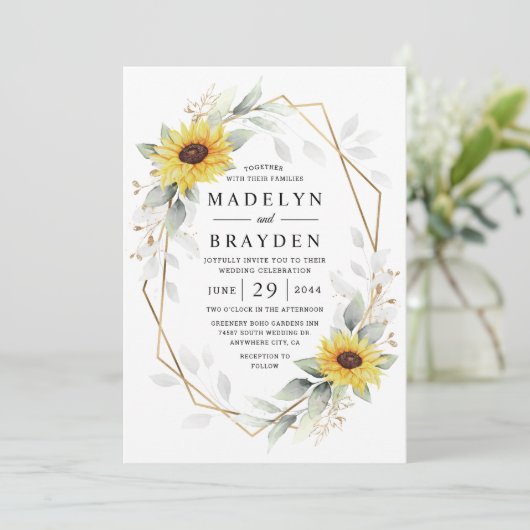 Zonnebloem Elegant Rustic Geometric Gold Wedding Kaart (Staand voorkant)