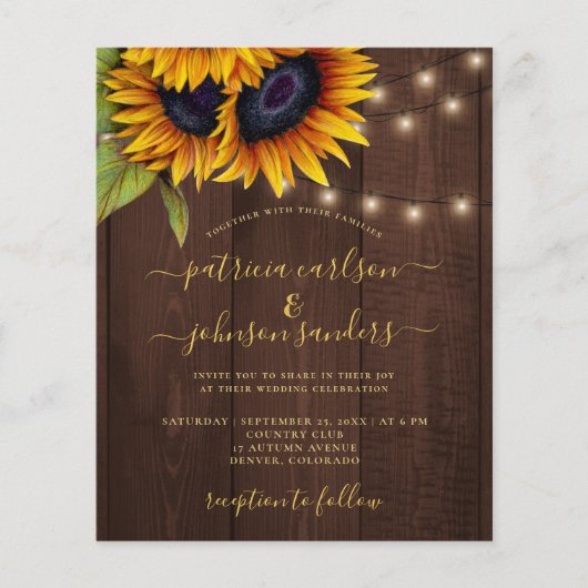 Zonnebloem, elegant script, bruinhout bruiloft (Voorkant)