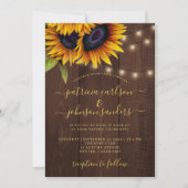 Zonnebloem, elegant script, bruinhout bruiloft kaart (Voorkant)