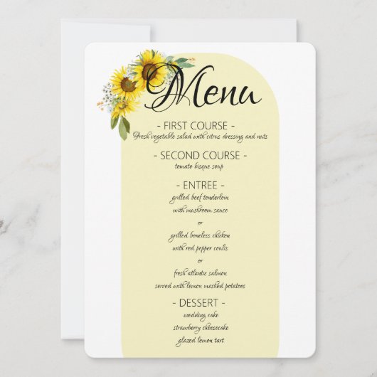 Zonnebloem elegante gele boog bruiloft menu (Voorkant)