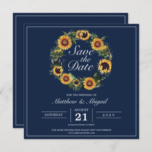 Zonnebloem Elegante Navy Blauwe Trouw Save The Date (Voorkant / Achterkant)