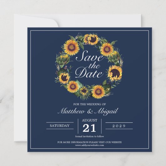 Zonnebloem Elegante Navyblauwe Trouw Save The Date (Voorkant)
