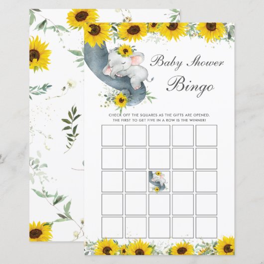 Zonnebloem Elephant Baby shower Bingo Game (Voorkant / Achterkant)