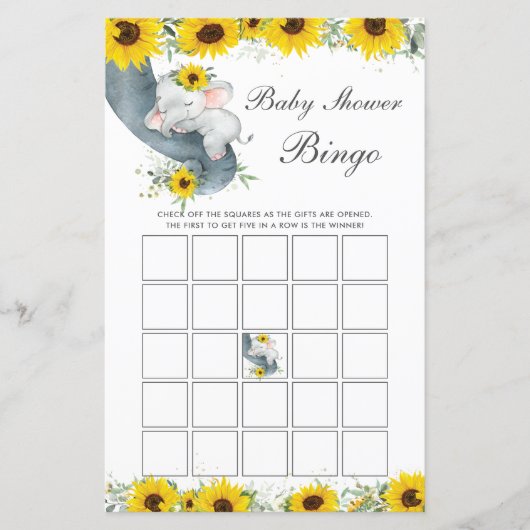 Zonnebloem Elephant Baby shower Bingo Game (Voorkant)