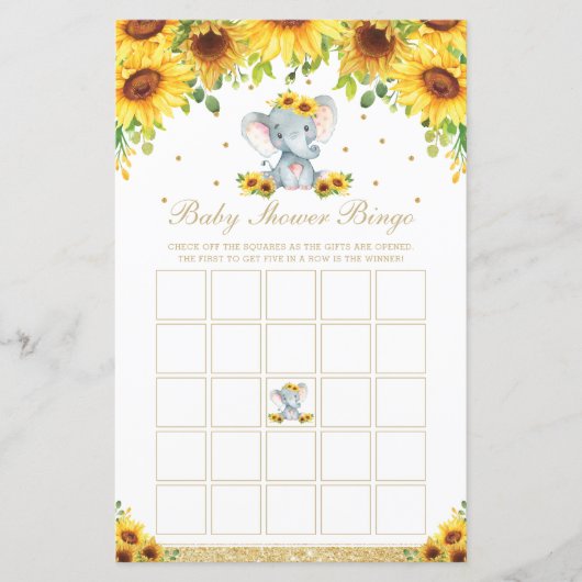 Zonnebloem Elephant Baby shower Bingo Game (Voorkant)