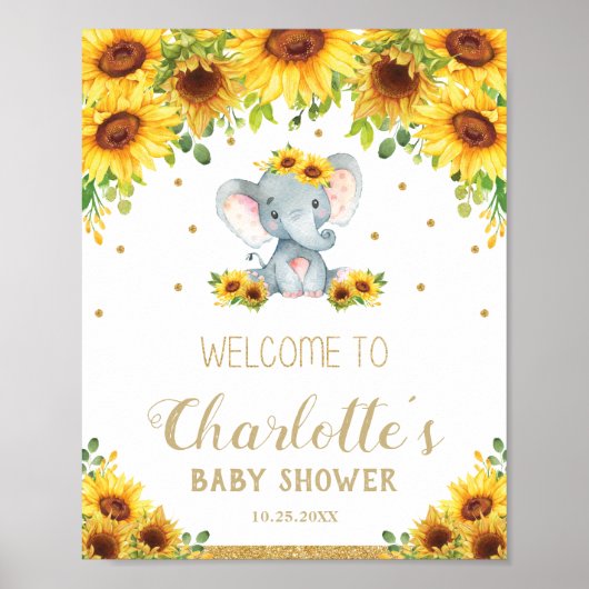 Zonnebloem Elephant Baby shower Birthday Welkom Poster (Voorkant)