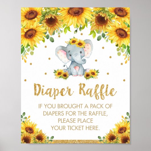 Zonnebloem Elephant Baby shower Diaper Raffle Sign Poster (Voorkant)