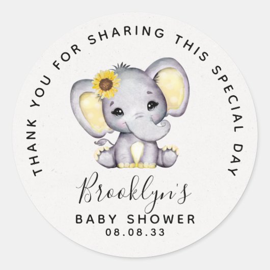 Zonnebloem Elephant Baby shower Hartelijk dank Ronde Sticker (Voorkant)