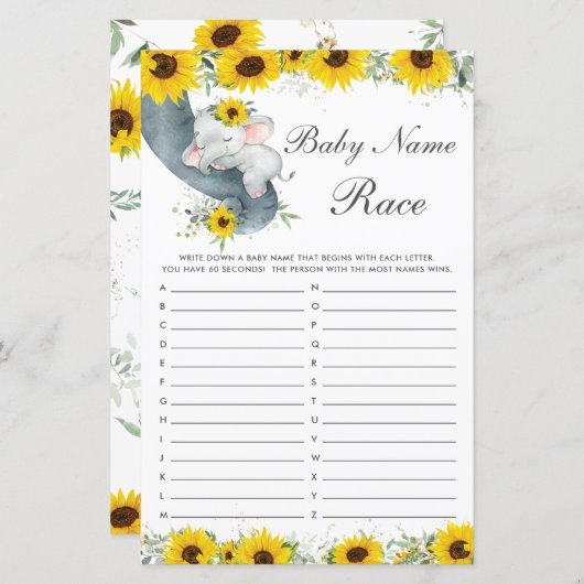 Zonnebloem Elephant Baby shower Name Race Game (Voorkant / Achterkant)