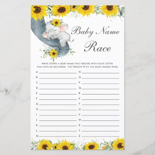 Zonnebloem Elephant Baby shower Name Race Game (Voorkant)