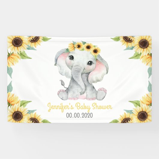 Zonnebloem Elephant Girl Banner voor Baby shower (Horizontaal)